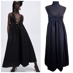 Zara Black Poplin Maxi Dress Voluminous Empire Waist Sleeveless Size Medium